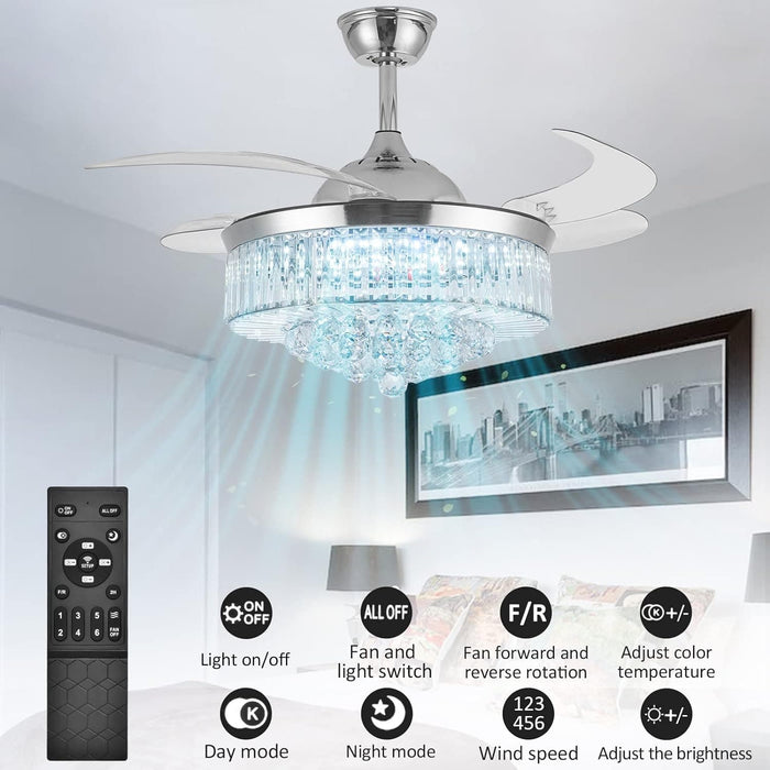 42 in. Modern Crystal Ceiling Fan with Lights and Remote, Dimmable Retractable Fandelier for Bedroom, Invisible Decorative Living Room Fan -7-ErisView