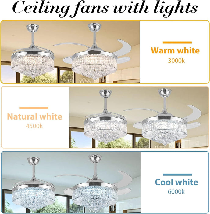 42 in. Modern Crystal Ceiling Fan with Lights and Remote, Dimmable Retractable Fandelier for Bedroom, Invisible Decorative Living Room Fan -9-ErisView
