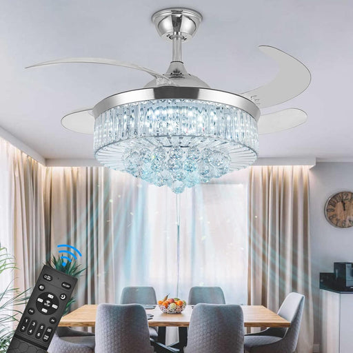 42 in. Modern Crystal Ceiling Fan with Lights and Remote, Dimmable Retractable Fandelier for Bedroom, Invisible Decorative Living Room Fan -1-ErisView