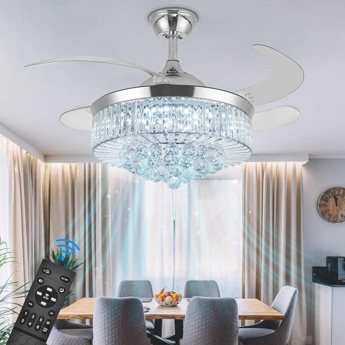 42 in. Modern Crystal Ceiling Fan with Lights and Remote, Dimmable Retractable Fandelier for Bedroom, Invisible Decorative Living Room Fan -1-ErisView