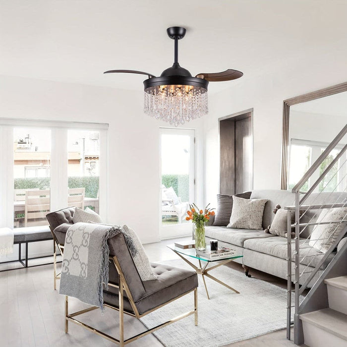 42 in. Modern Downrod Mount Ceiling Fan with Light and Remote Control, Rain Drop Crystal Ceiling Fan-ErisView