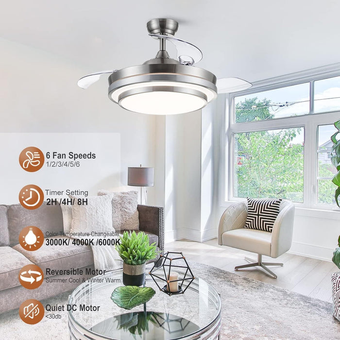 42 in. Modern Fandelier Ceiling Fan for Living Room Dining Room, Retractable Blade Ceiling Fan with Light Remote, Dimmable Brushed Nickel Ceiling Fan -2-ErisView