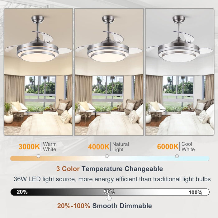 42 in. Modern Fandelier Ceiling Fan for Living Room Dining Room, Retractable Blade Ceiling Fan with Light Remote, Dimmable Brushed Nickel Ceiling Fan -4-ErisView