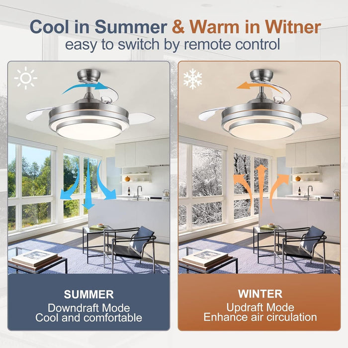 42 in. Modern Fandelier Ceiling Fan for Living Room Dining Room, Retractable Blade Ceiling Fan with Light Remote, Dimmable Brushed Nickel Ceiling Fan -5-ErisView