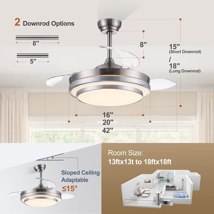 42 in. Modern Fandelier Ceiling Fan for Living Room Dining Room, Retractable Blade Ceiling Fan with Light Remote, Dimmable Brushed Nickel Ceiling Fan -6-ErisView