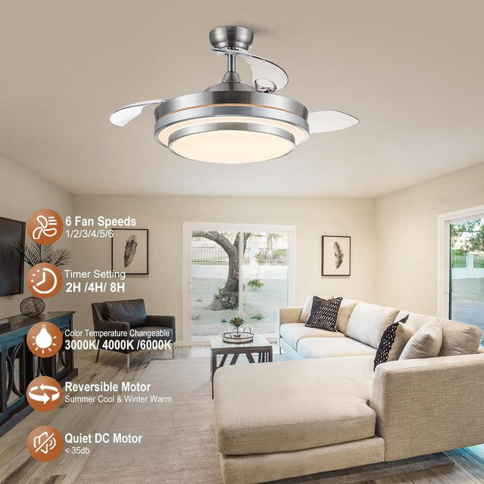 42 in. Modern Fandelier Ceiling Fan for Living Room Dining Room, Retractable Blade Ceiling Fan with Light Remote, Dimmable Brushed Nickel Ceiling Fan -7-ErisView