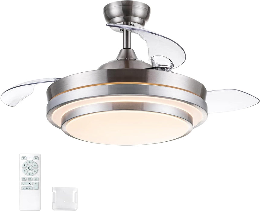 42 in. Modern Fandelier Ceiling Fan for Living Room Dining Room, Retractable Blade Ceiling Fan with Light Remote, Dimmable Brushed Nickel Ceiling Fan -1-ErisView