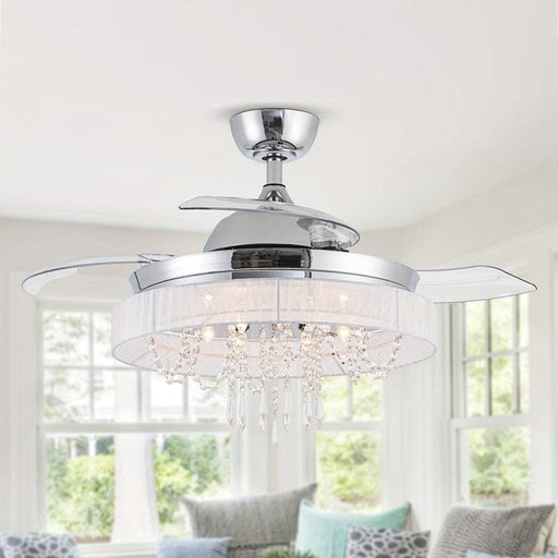 42 in. Modern Retractable 3-Blade Crystal Chrome Ceiling Fan with Light Kit Remote Control-ErisView