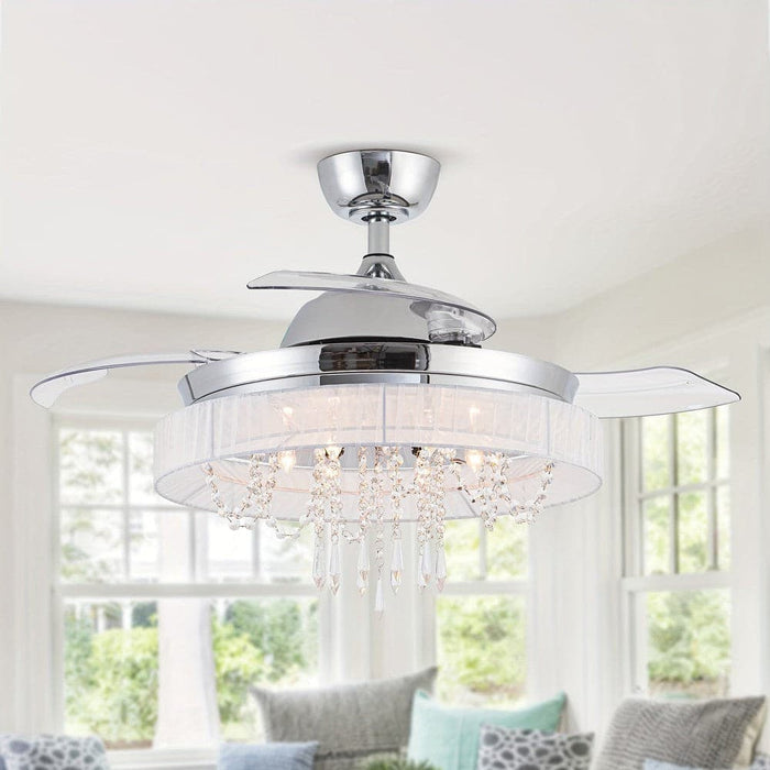 42 in. Modern Retractable 3-Blade Crystal Chrome Ceiling Fan with Light Kit Remote Control-ErisView
