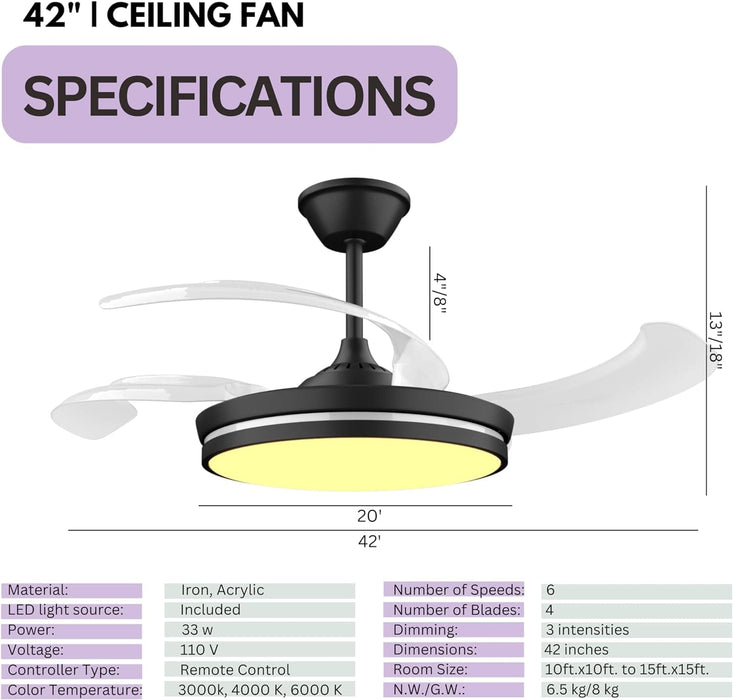 42 in. Pretty Ceiling Fans with LED Light and Remote, Unique Ceiling Fans, Modern Invisible Quiet Ceiling Fans for Living Room, Office Ceiling Fan-2-ErisView