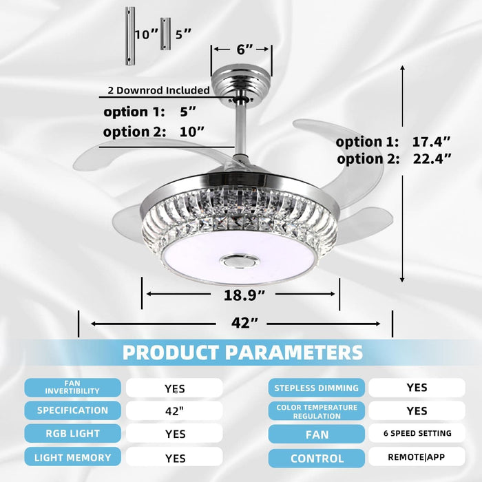 42 in. Pretty Ceiling Fans with Light, Bluetooth Ceiling Fan with Speaker Remote APP Control, RGB Dimmable Reversible Modern Bedroom Ceiling Fans-7-ErisView