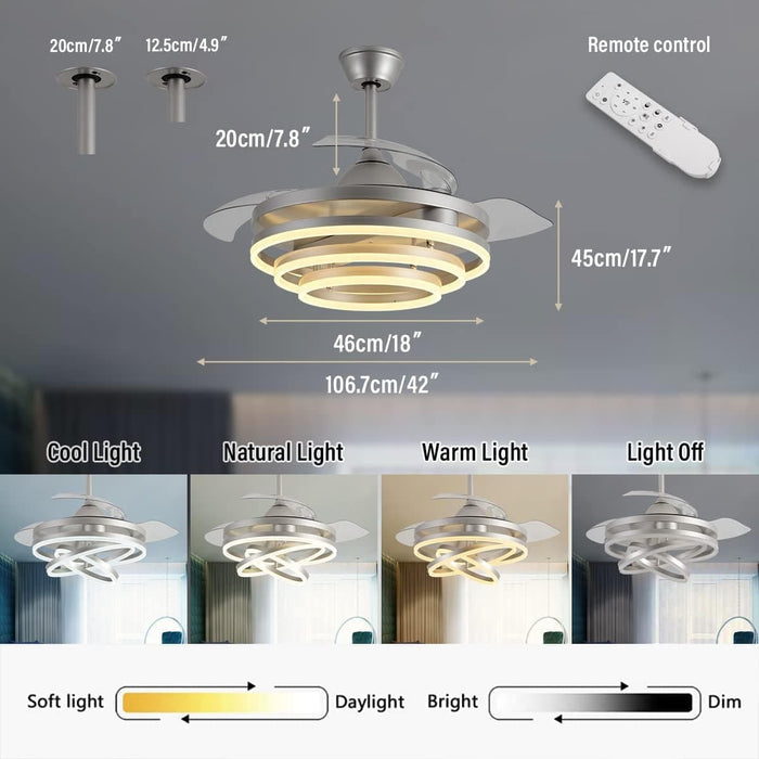 42 in. Pretty Ceiling Fans with Light and Remote, Chrome LED Ring Fandeliers, Modern Fan with Light, Chandelier Ceiling Fan for Kitchen-3-ErisView