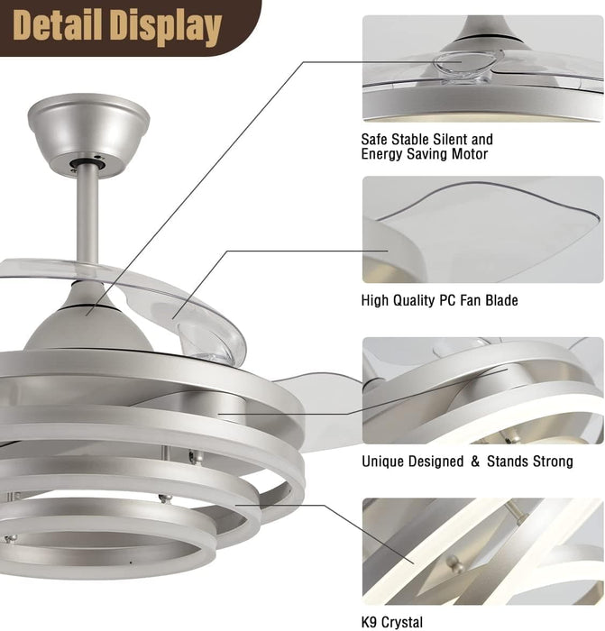 42 in. Pretty Ceiling Fans with Light and Remote, Chrome LED Ring Fandeliers, Modern Fan with Light, Chandelier Ceiling Fan for Kitchen-5-ErisView