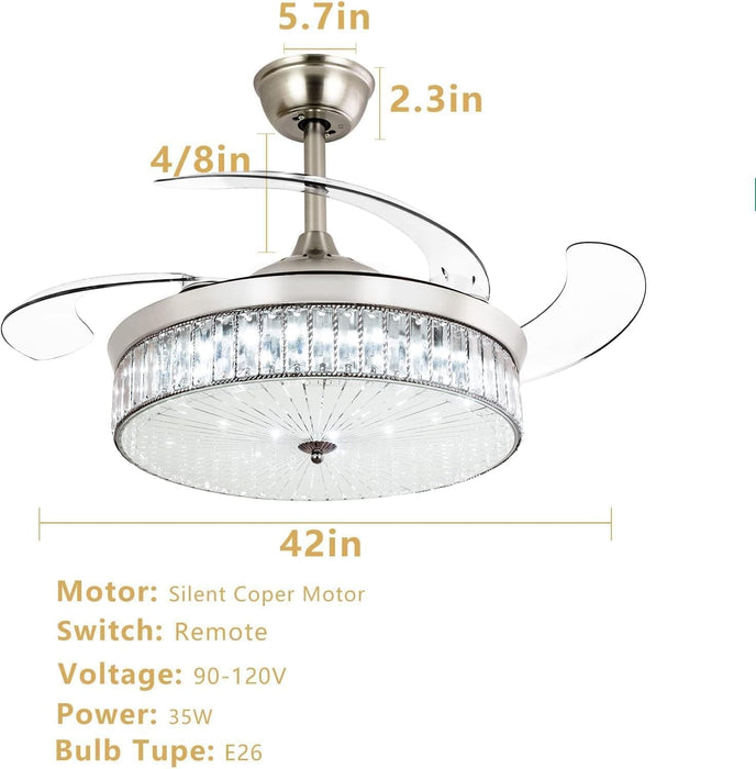 42 in. Pretty Ceiling Fans with Light and Remote, Crystal Chandelier Ceiling Fan Bedroom Ceiling Fans Living Room Fan Indoor Chrome Silver-2-ErisView