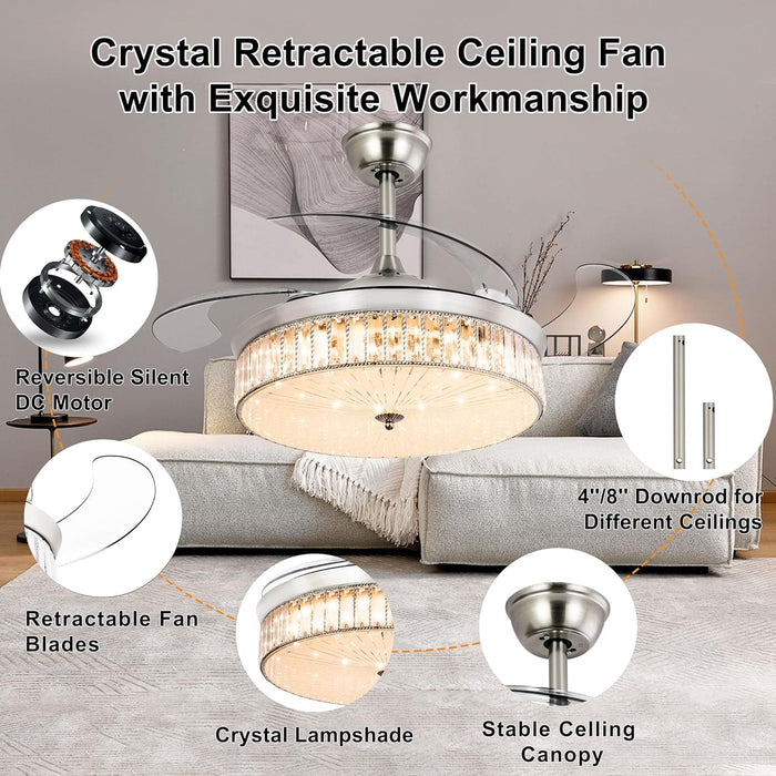 42 in. Pretty Ceiling Fans with Light and Remote, Crystal Chandelier Ceiling Fan Bedroom Ceiling Fans Living Room Fan Indoor Chrome Silver-3-ErisView