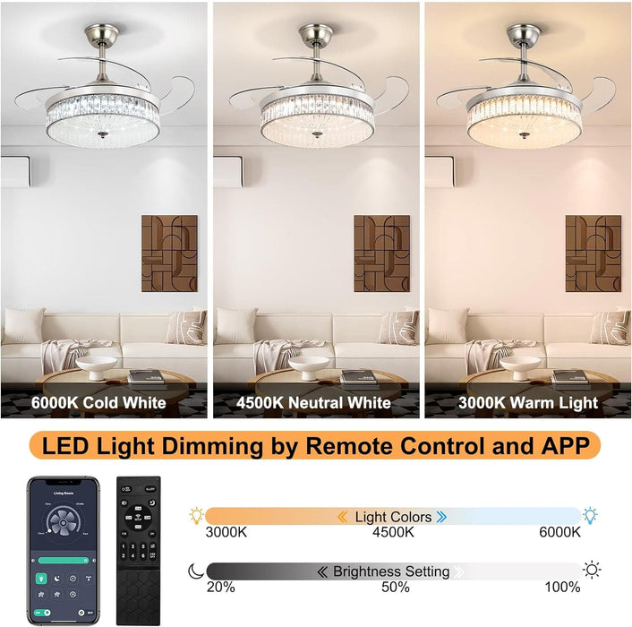 42 in. Pretty Ceiling Fans with Light and Remote, Crystal Chandelier Ceiling Fan Bedroom Ceiling Fans Living Room Fan Indoor Chrome Silver-4-ErisView