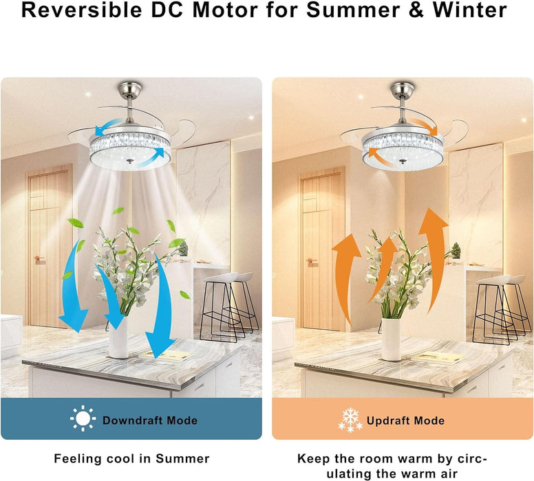42 in. Pretty Ceiling Fans with Light and Remote, Crystal Chandelier Ceiling Fan Bedroom Ceiling Fans Living Room Fan Indoor Chrome Silver-5-ErisView