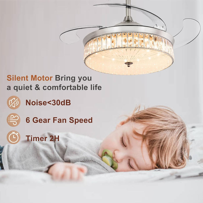 42 in. Pretty Ceiling Fans with Light and Remote, Crystal Chandelier Ceiling Fan Bedroom Ceiling Fans Living Room Fan Indoor Chrome Silver-6-ErisView