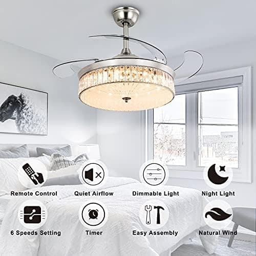 42 in. Pretty Ceiling Fans with Light and Remote, Crystal Chandelier Ceiling Fan Bedroom Ceiling Fans Living Room Fan Indoor Chrome Silver-8-ErisView