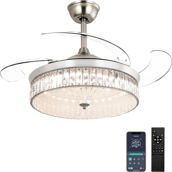 42 in. Pretty Ceiling Fans with Light and Remote, Crystal Chandelier Ceiling Fan Bedroom Ceiling Fans Living Room Fan Indoor Chrome Silver-1-ErisView