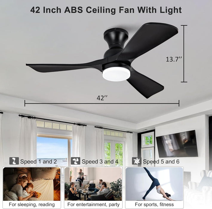 42 in. Remote Control Ceiling Fan and Light, Black Modern Low Profile Flush Mount for Bedroom, Unique Ceiling Fans-3-ErisView