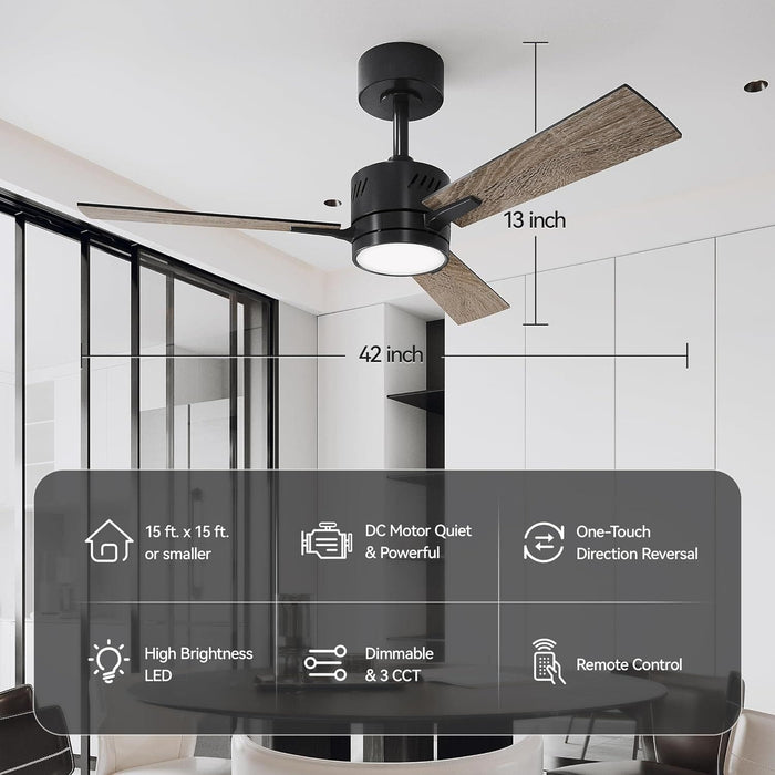42 in. Remote Control Ceiling Fan and Light, Low Profile Reversible Quiet Ceiling Fans, Modern Ceiling Fan for Bedroom Living Room, Grey Oak Ceiling Fan-3-ErisView