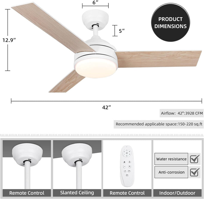 42 in. Remote Control Ceiling Fan and Light, White Low Profile Ceiling Fan, Reversible Dimmable Quiet Ceiling Fans for Bedroom Living Room Dining Room-5-ErisView