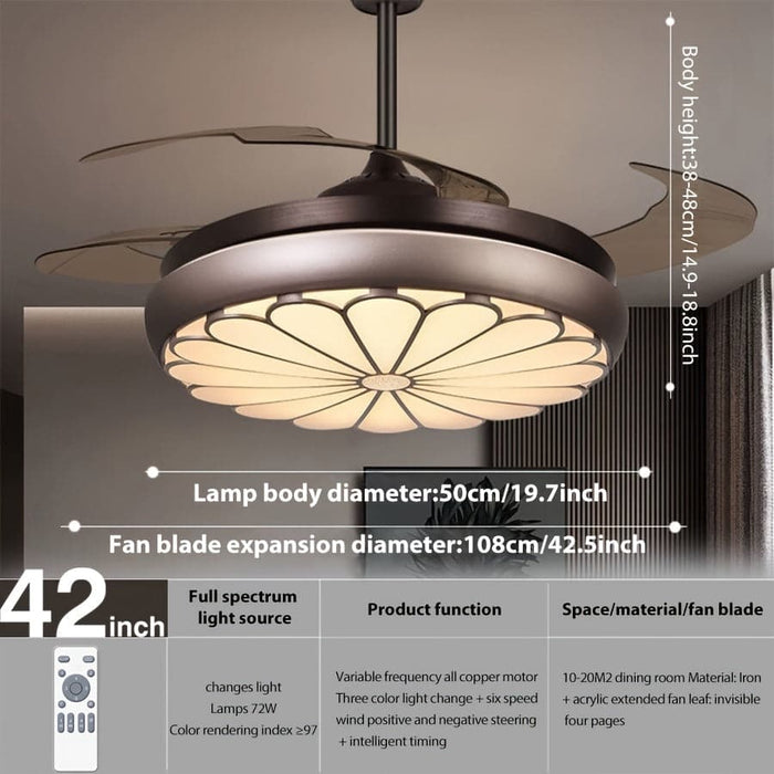 42 in. Retractable Ceiling Fan with LED Light Remote Control, Retro Silent Dimmable Ceiling Fan for Bedroom Living Room, Brown Reversible LED Ceiling Fan-ErisView