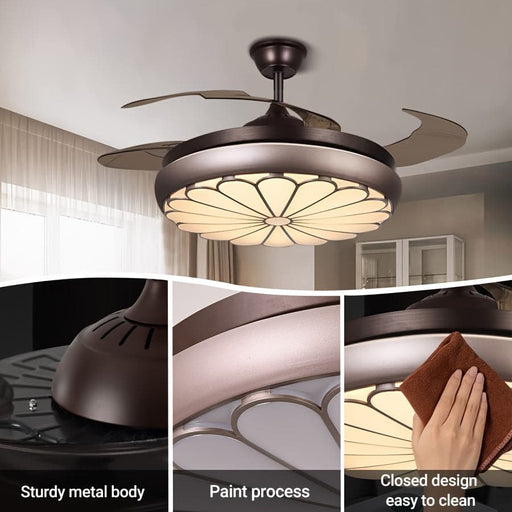 42 in. Retractable Ceiling Fan with LED Light Remote Control, Retro Silent Dimmable Ceiling Fan for Bedroom Living Room, Brown Reversible LED Ceiling Fan-ErisView