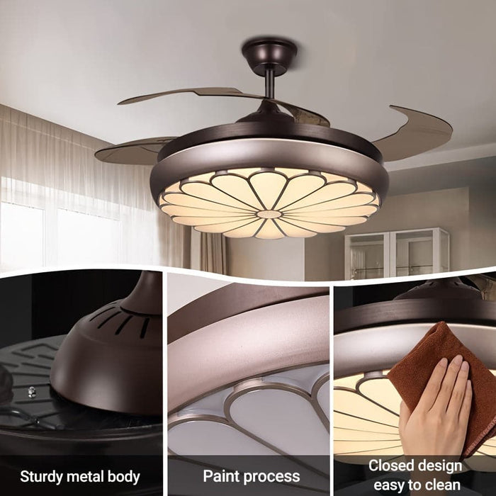 42 in. Retractable Ceiling Fan with LED Light Remote Control, Retro Silent Dimmable Ceiling Fan for Bedroom Living Room, Brown Reversible LED Ceiling Fan-ErisView