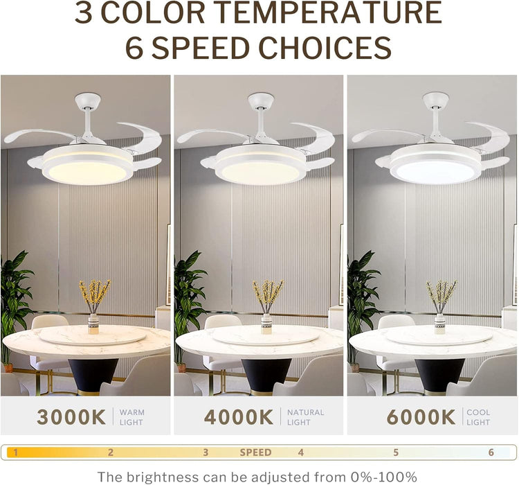 42 in. Retractable Ceiling Fan with Lights, Modern Bladeless LED Remote Control Ceiling Fan and Light, Smart White Bedroom Ceiling Fan with Light-3-ErisView