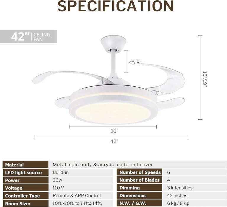 42 in. Retractable Ceiling Fan with Lights, Modern Bladeless LED Remote Control Ceiling Fan and Light, Smart White Bedroom Ceiling Fan with Light-5-ErisView