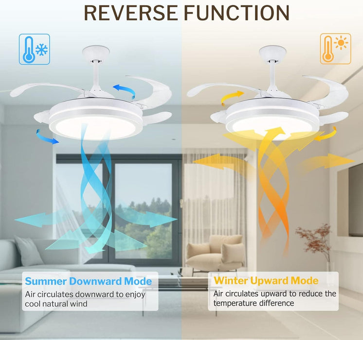 42 in. Retractable Ceiling Fan with Lights, Modern Bladeless LED Remote Control Ceiling Fan and Light, Smart White Bedroom Ceiling Fan with Light-6-ErisView