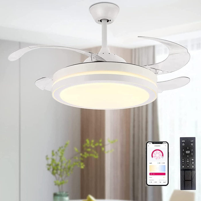 42 in. Retractable Ceiling Fan with Lights, Modern Bladeless LED Remote Control Ceiling Fan and Light, Smart White Bedroom Ceiling Fan with Light-1-ErisView