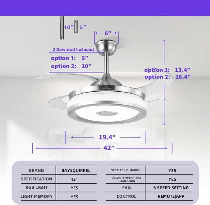 42 in. Retractable Crystal Ceiling Fan with Light, Dimmable LED Chandelier Ceiling Fan with Remote and APP Control-12-ErisView