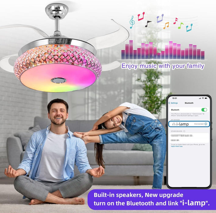 42 in. Retractable Crystal Ceiling Fan with Light, Dimmable LED Chandelier Ceiling Fan with Remote and APP Control-16-ErisView