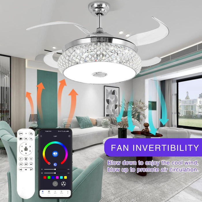 42 in. Retractable Crystal Ceiling Fan with Light, Dimmable LED Chandelier Ceiling Fan with Remote and APP Control-18-ErisView