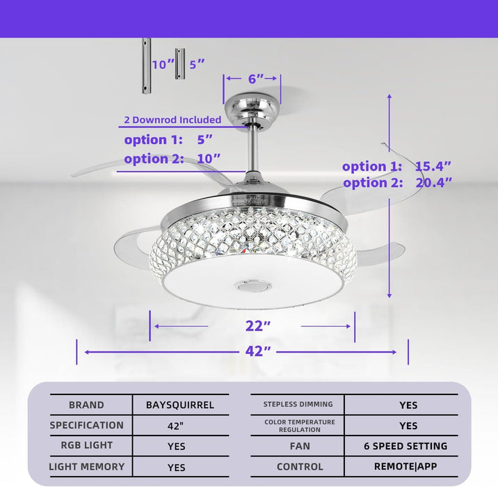 42 in. Retractable Crystal Ceiling Fan with Light, Dimmable LED Chandelier Ceiling Fan with Remote and APP Control-19-ErisView