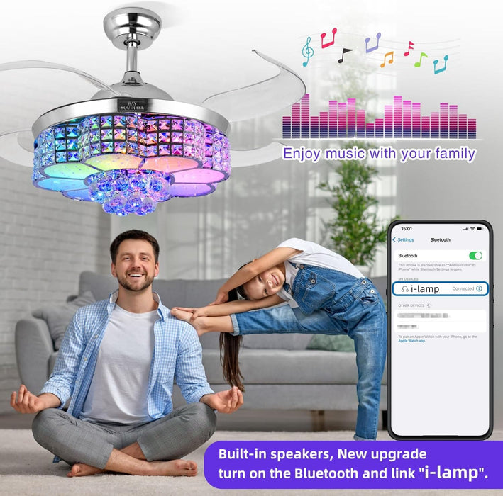 42 in. Retractable Crystal Ceiling Fan with Light, Dimmable LED Chandelier Ceiling Fan with Remote and APP Control-2-ErisView