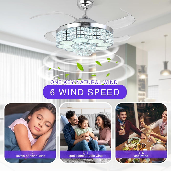 42 in. Retractable Crystal Ceiling Fan with Light, Dimmable LED Chandelier Ceiling Fan with Remote and APP Control-3-ErisView