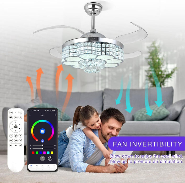 42 in. Retractable Crystal Ceiling Fan with Light, Dimmable LED Chandelier Ceiling Fan with Remote and APP Control-4-ErisView