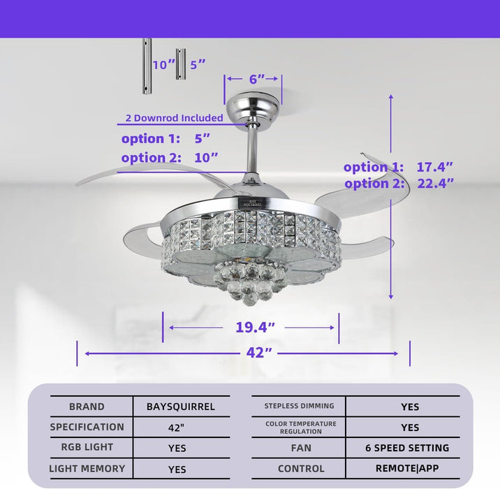 42 in. Retractable Crystal Ceiling Fan with Light, Dimmable LED Chandelier Ceiling Fan with Remote and APP Control-6-ErisView