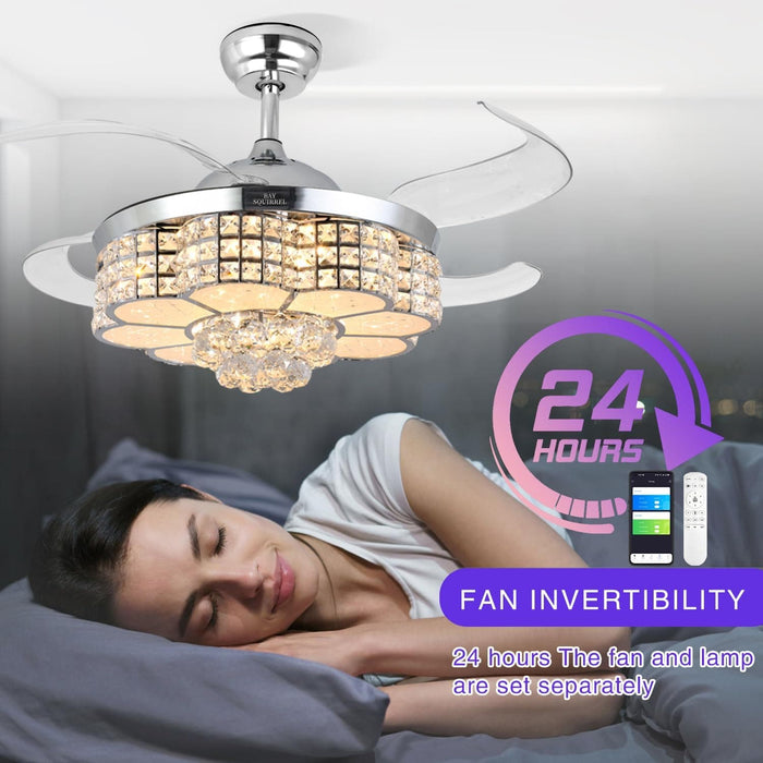 42 in. Retractable Crystal Ceiling Fan with Light, Dimmable LED Chandelier Ceiling Fan with Remote and APP Control-7-ErisView