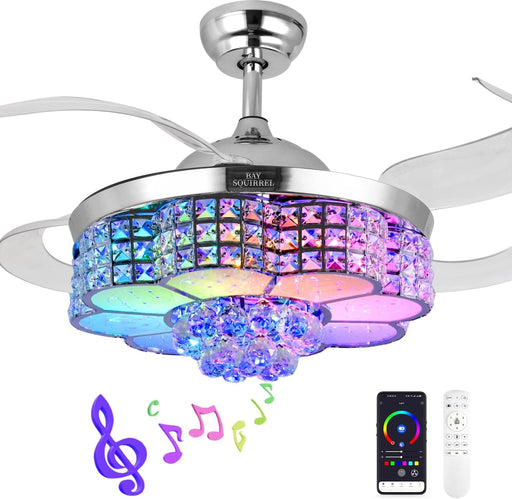 42 in. Retractable Crystal Ceiling Fan with Light, Dimmable LED Chandelier Ceiling Fan with Remote and APP Control-1-ErisView