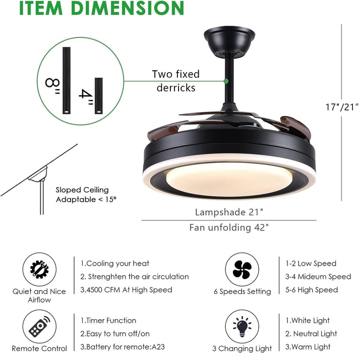 42 in. Retractable Modern Ceiling Fan with APP and Remote Control, Enclosed Ceiling Fan with Dimmable Light, Ceiling Fan for Bedroom Living Room-2-ErisView