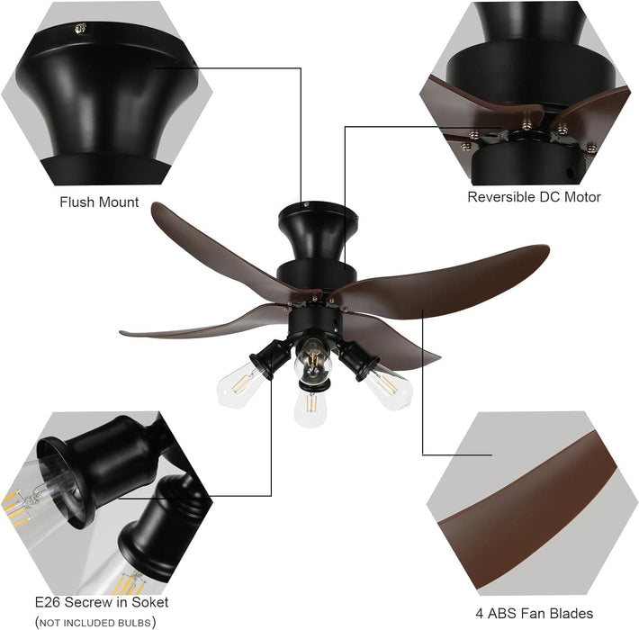 42 in. Reversible Ceiling Fan for Bedroom Living Room Dining Room, Black Retro Ceiling Fan with Lights and Remote-5-ErisView