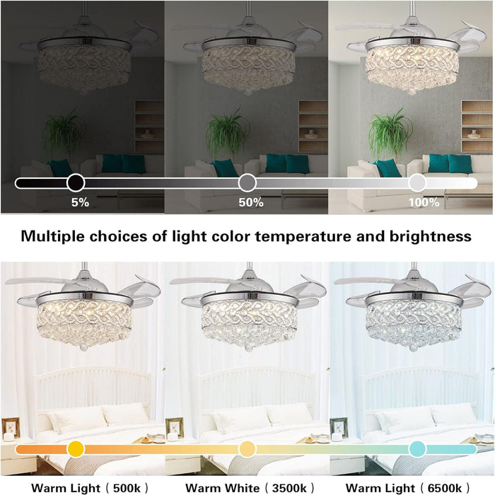 42 in. Reversible Crystal Ceiling Fan with Lights and Remote, Quiet Retractable Chandelier Fandelier for Bedroom, Dimmable LED Fan Light for Dining Room -10-ErisView