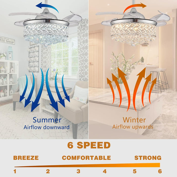 42 in. Reversible Crystal Ceiling Fan with Lights and Remote, Quiet Retractable Chandelier Fandelier for Bedroom, Dimmable LED Fan Light for Dining Room -11-ErisView