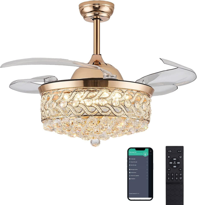 42 in. Reversible Crystal Ceiling Fan with Lights and Remote, Quiet Retractable Chandelier Fandelier for Bedroom, Dimmable LED Fan Light for Dining Room -14-ErisView