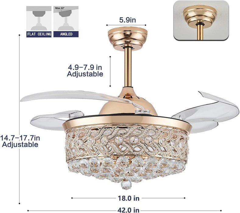 42 in. Reversible Crystal Ceiling Fan with Lights and Remote, Quiet Retractable Chandelier Fandelier for Bedroom, Dimmable LED Fan Light for Dining Room -15-ErisView